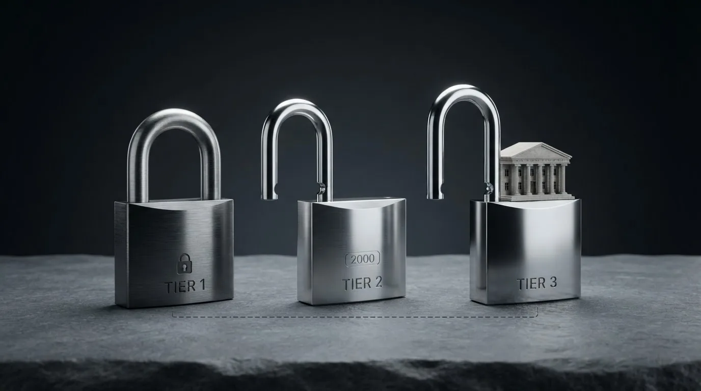 Tres paneles que ilustran los niveles de anonimato: un candado cerrado (KYC puro), un candado con umbral numérico (KYC diferido) y un candado abierto con el logo de un banco (Pay N Play)