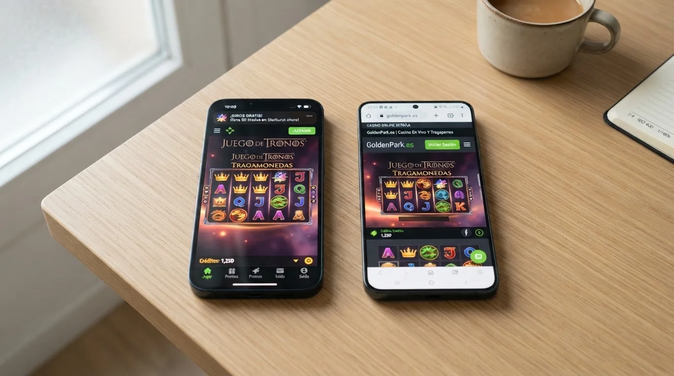 Dos teléfonos móviles uno al lado del otro: el de la izquierda muestra una app de casino abierta con notificaciones push visibles, el de la derecha muestra el mismo casino funcionando en el navegador Safari