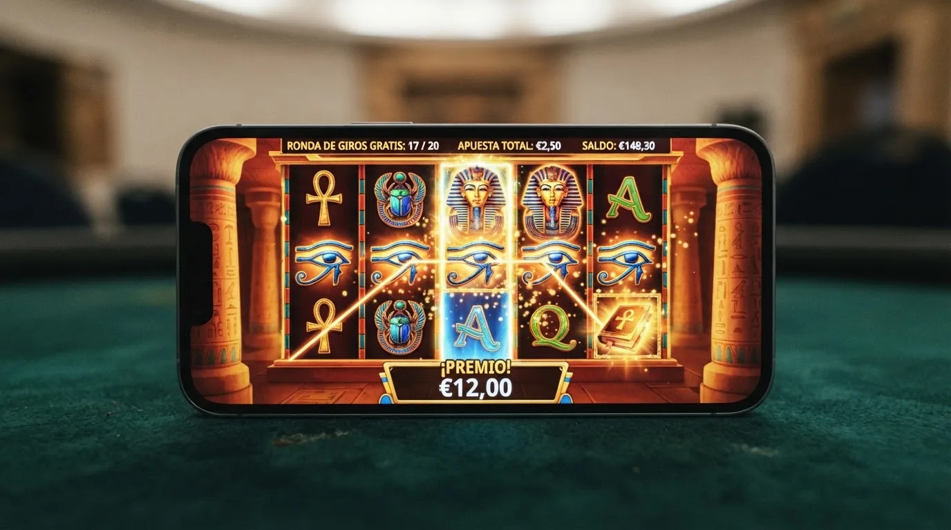 Pantalla del juego Book of Dead de Play'n GO con los cinco rodillos y el símbolo del libro dorado durante una ronda de giros gratis con símbolo expandible