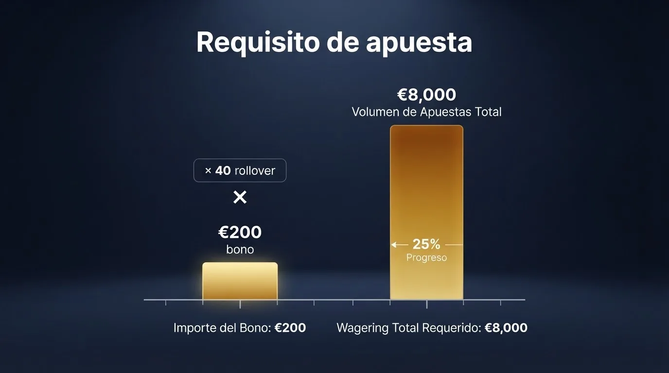 Representación visual de un requisito de apuesta: un bono de 200 € multiplicado por un rollover x40, con una barra de progreso que muestra el volumen de 8.000 € que debe apostarse antes de poder retirar