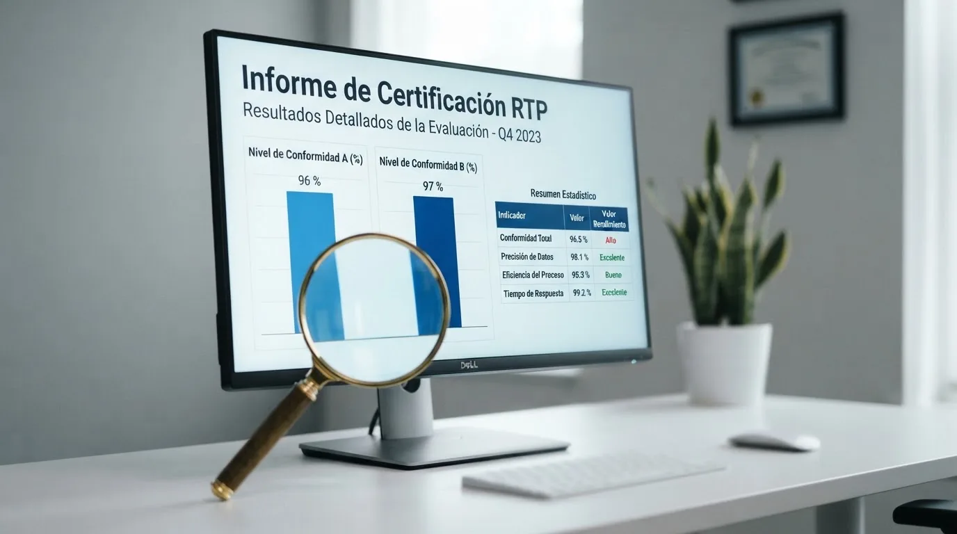 Pantalla de ordenador con un informe de certificación de RTP abierto que muestra gráficos de barras y datos estadísticos, con una lupa sobre el porcentaje de pago verificado