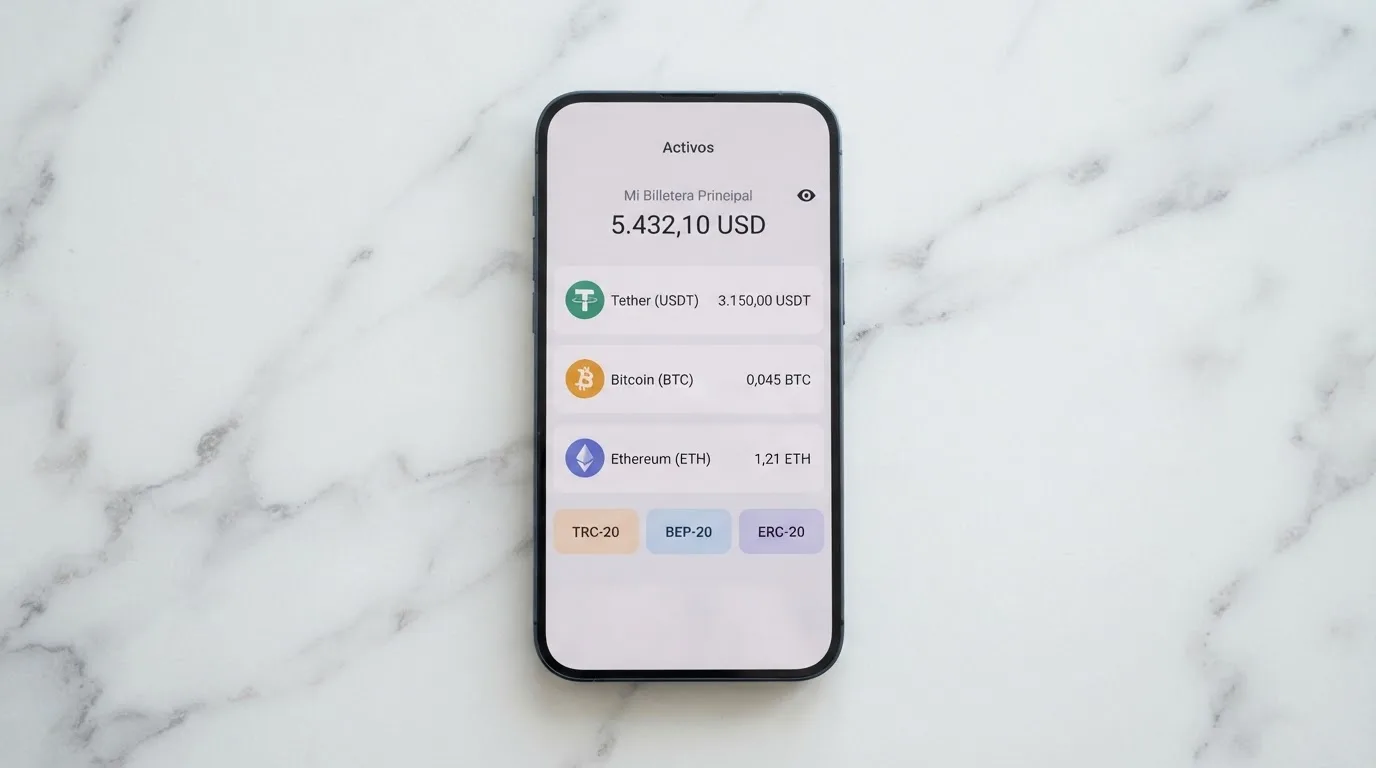 Monedero digital mostrando saldos en USDT, BTC y ETH junto a una pantalla de depósito con las redes TRC-20, BEP-20 y ERC-20