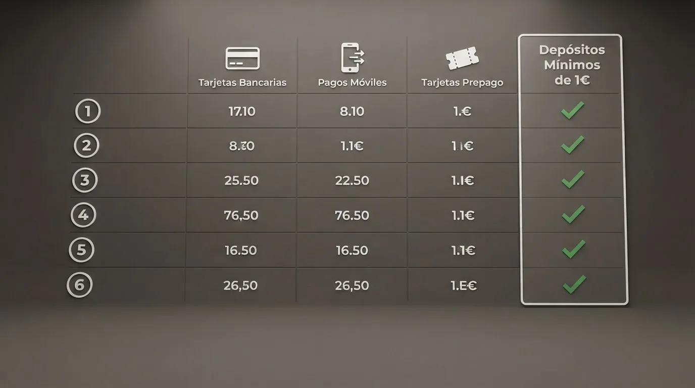 Una tabla visual con los logotipos de los operadores analizados y una columna destacada que muestra qué métodos aceptan depósitos de 1 euro en cada uno