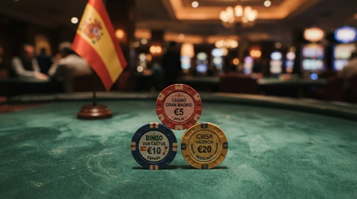 Una tabla comparativa sobre un fondo de pantalla con fichas de casino y la bandera de España, destacando las columnas de rollover y conversión máxima