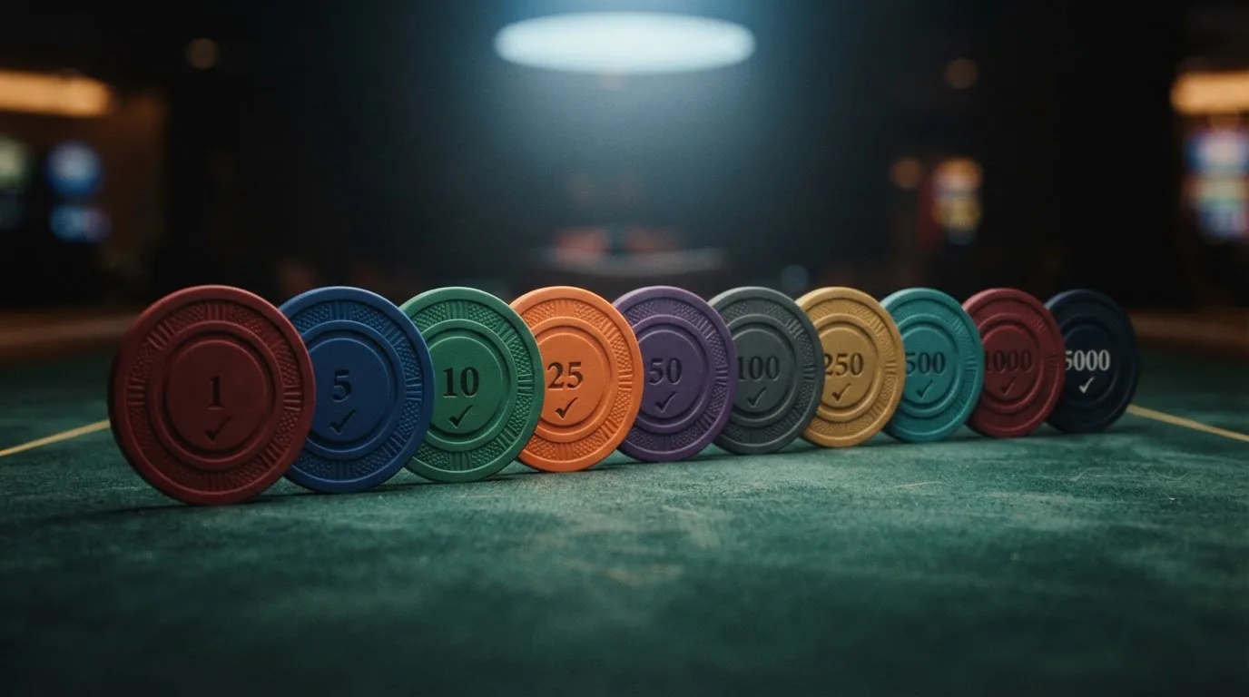 Diez fichas de casino alineadas sobre una superficie, cada una con un importe de bono y un sello de verificación, ordenadas de la oferta con menor rollover a la de condiciones más exigentes