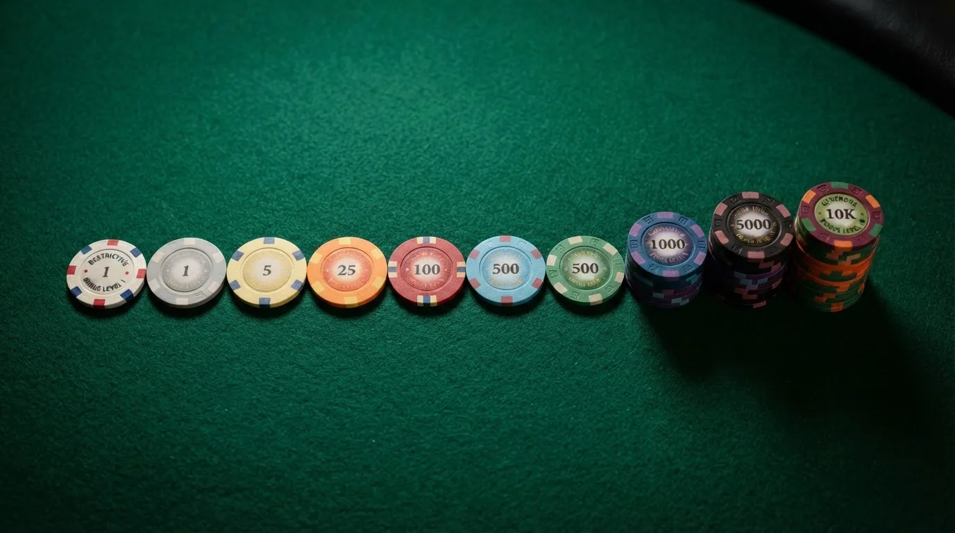 Una tabla comparativa con fichas de casino alineadas, cada una con un valor distinto, representando la diversidad de condiciones entre operadores