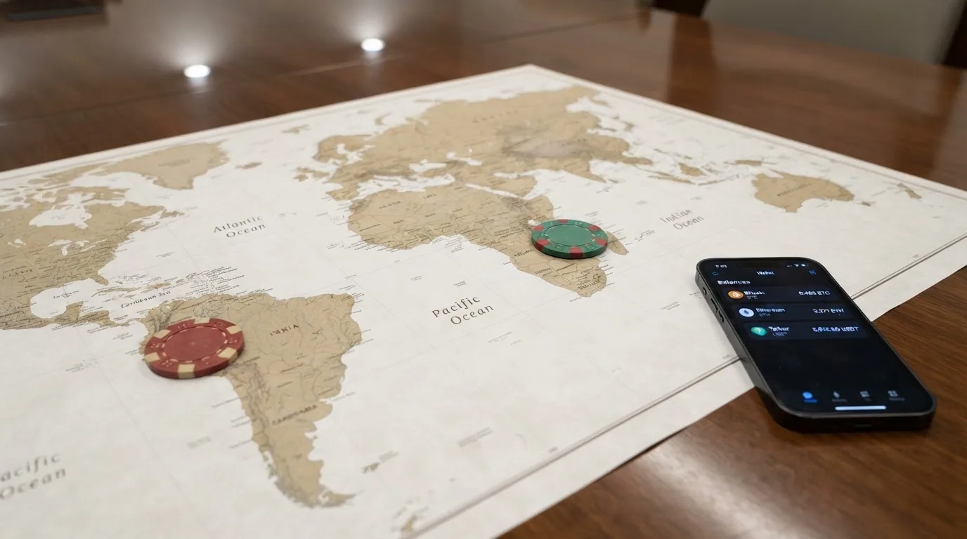 Iconos de criptomonedas junto a fichas de casino sobre un mapa con las jurisdicciones Curaçao, Anjouan y Costa Rica