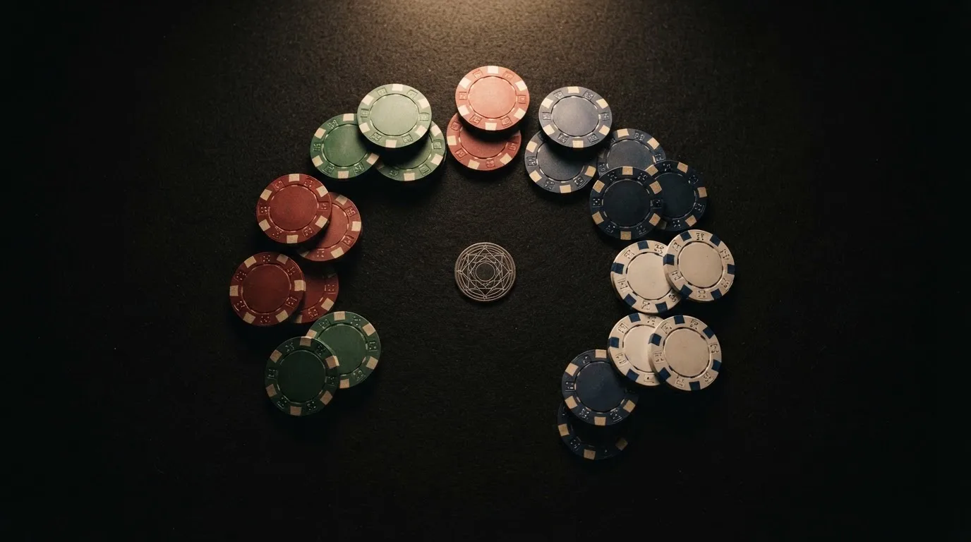 Fichas de casino apiladas sobre una mesa con el logo de XRP en cada una, sobre un fondo oscuro de casino