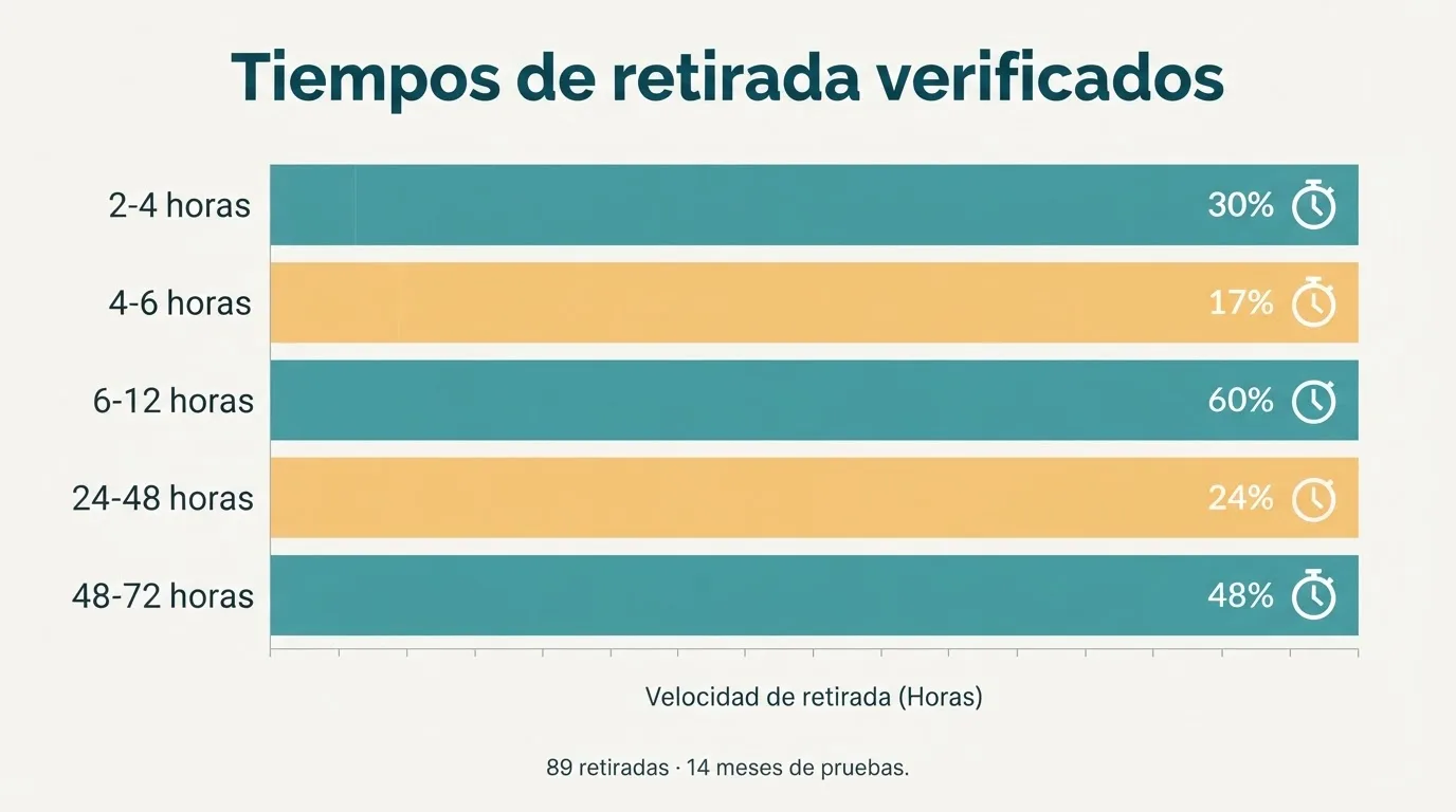 Representación visual de una tabla con los nombres de los diez casinos analizados y barras horizontales que comparan sus tiempos de retirada en horas y minutos