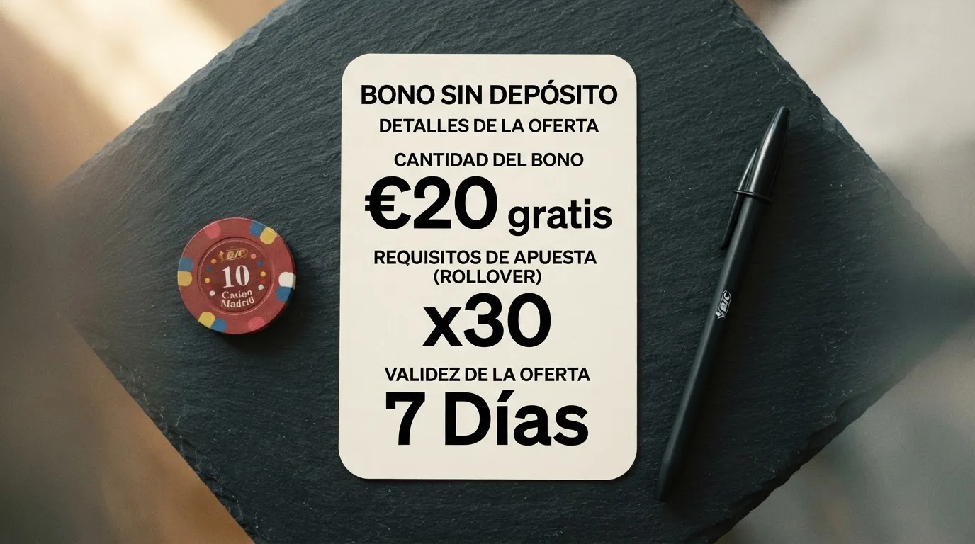 Comparativa visual con los tres elementos clave de una promoción sin depósito: el importe del bono, el multiplicador de rollover y el plazo de validez, destacados sobre una ficha de condiciones