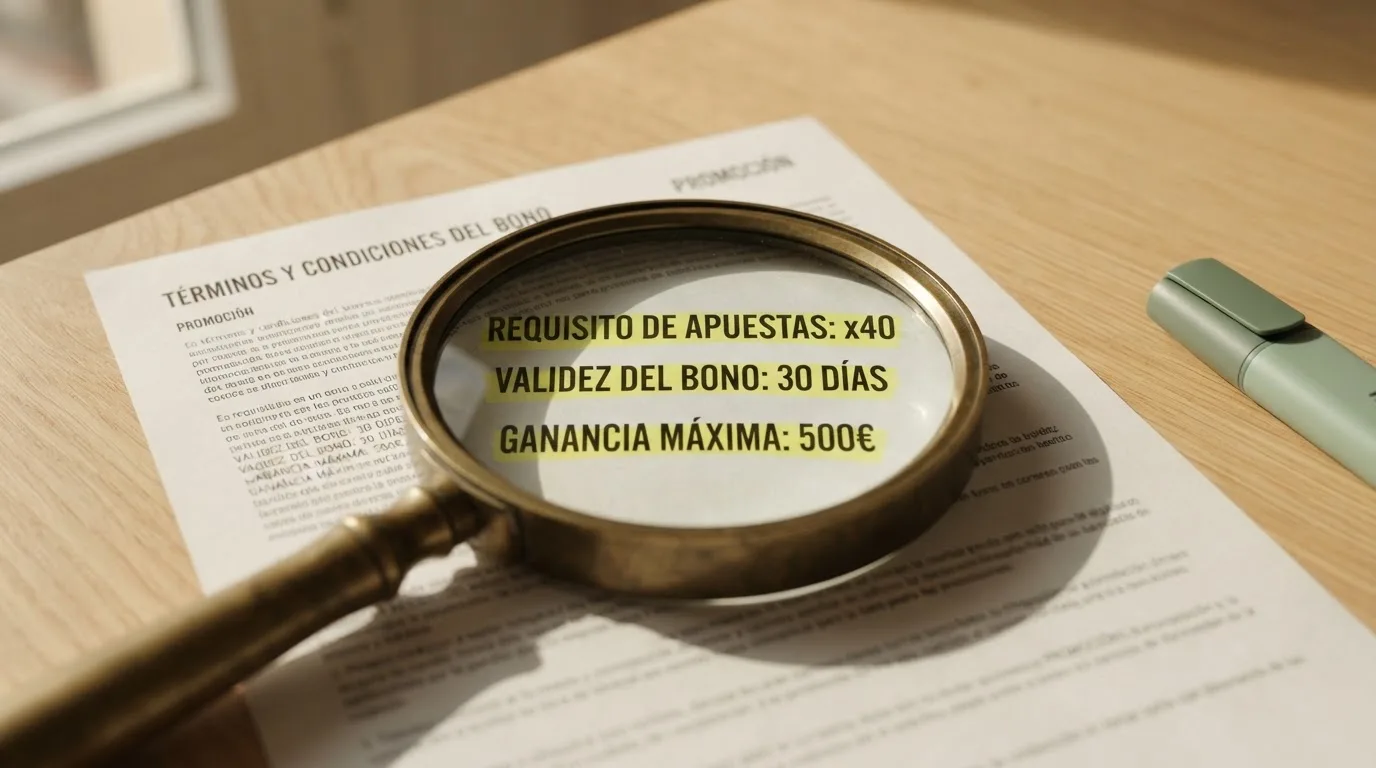 Una lupa sobre la letra pequeña de un contrato donde se leen los términos «rollover ×35», «validez 7 días» y «ganancia máxima 50 €» resaltados con subrayador