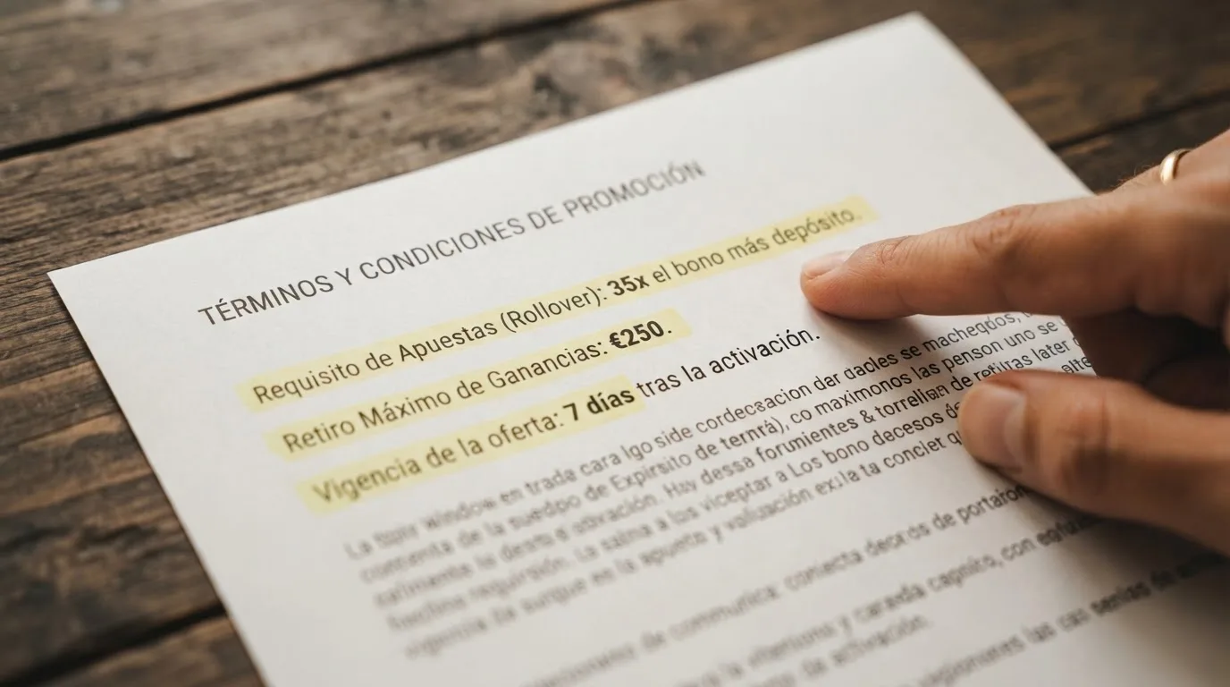 Primer plano de los términos de una promoción de giros gratis: los campos de requisito de apuesta, ganancia máxima y plazo de caducidad aparecen destacados sobre el fondo de la página de condiciones