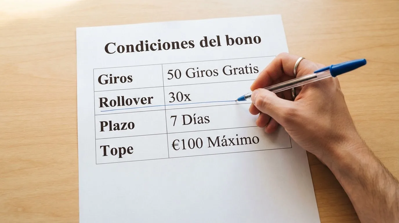 Primer plano de un documento con los cuatro elementos clave de una oferta de tiradas gratis: número de giros, rollover, plazo y tope de ganancia, con un bolígrafo subrayando el requisito de apuesta