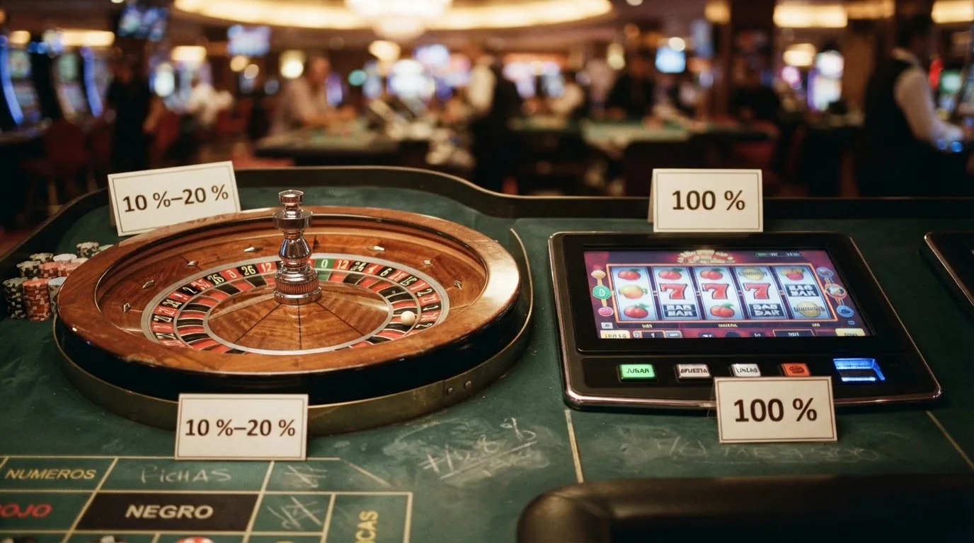 Primer plano de una ruleta y una pantalla de tragaperras una al lado de la otra, con una etiqueta de porcentaje sobre cada una
