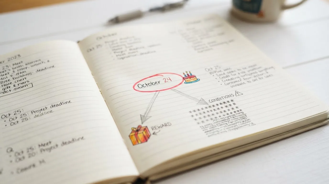 Un calendario con la fecha de cumpleaños marcada y dos caminos: uno hacia un regalo con condiciones claras y otro hacia una letra pequeña llena de asteriscos