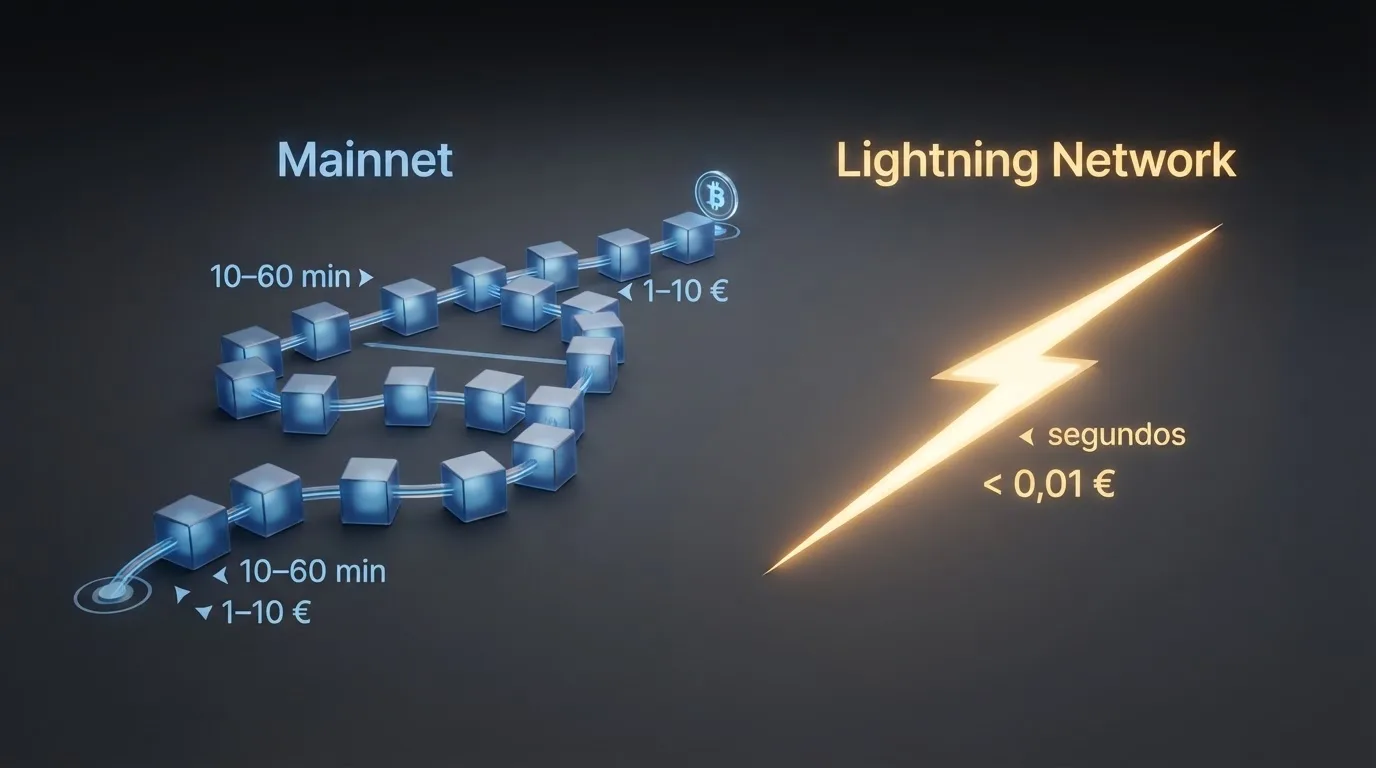 Esquema visual de una transacción bitcoin por mainnet frente a la misma por Lightning Network, con tiempos y comisiones comparados