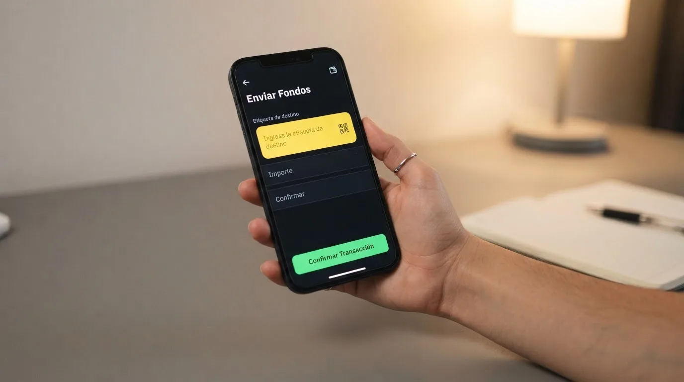 La pantalla de un monedero de criptomonedas mostrando el campo «destination tag» resaltado en amarillo antes de confirmar un envío de XRP