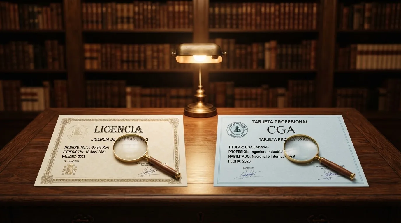 Dos documentos oficiales enfrentados sobre una mesa: un certificado de licencia DGOJ con el escudo del Ministerio y una licencia Curaçao OGL/2024 con el sello de la CGA, ambos bajo una lupa