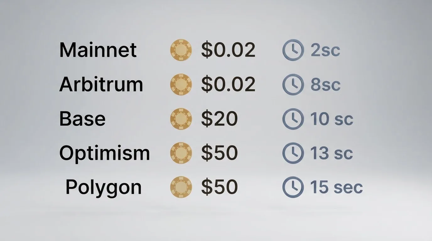 Una tabla visual con cinco filas (Ethereum mainnet, Arbitrum, Base, Optimism, Polygon) y dos columnas: un icono de moneda con el coste en dólares al lado y un reloj con los segundos de confirmación
