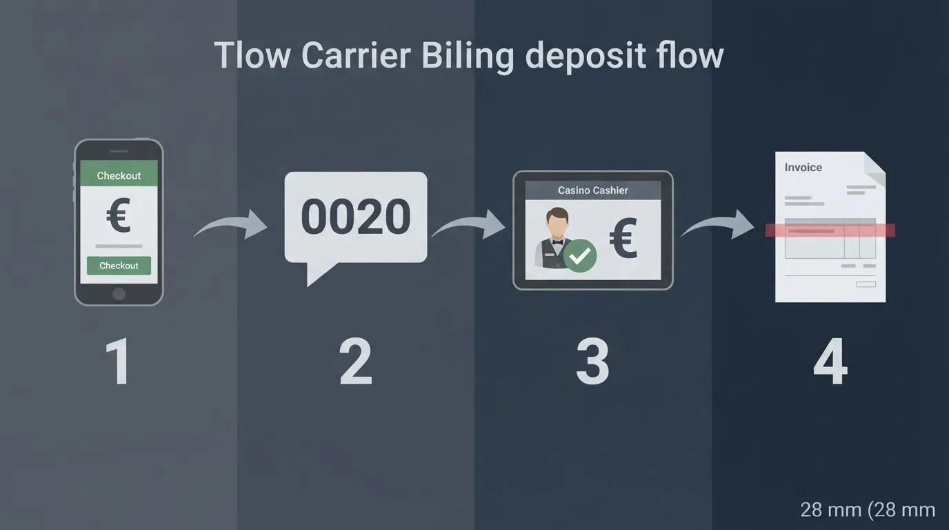 Infografía del proceso de depósito por carrier billing: móvil, código SMS, pantalla de confirmación del casino y factura telefónica con el cargo resaltado