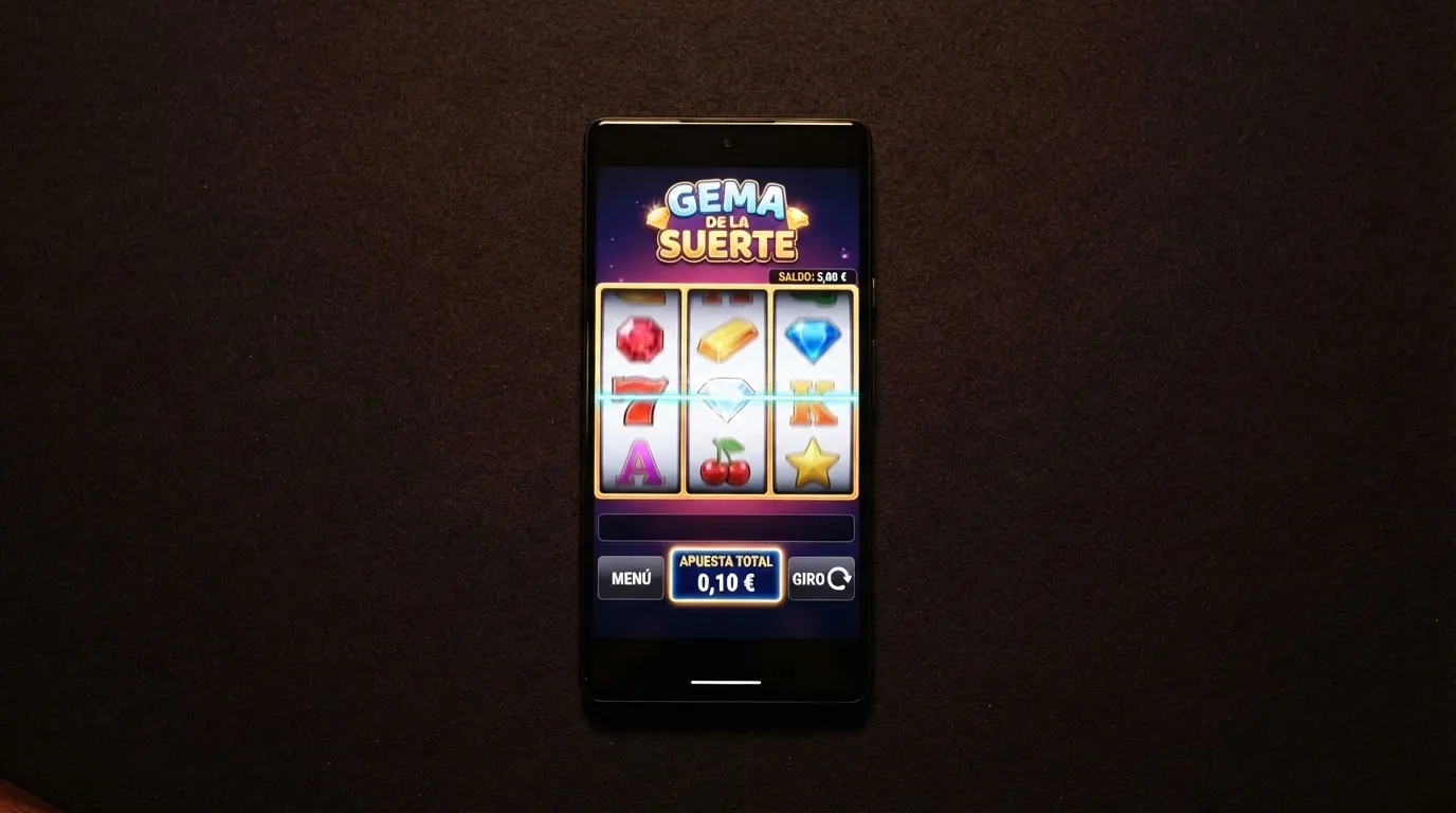 Interfaz de una tragaperras online con el selector de apuesta marcando 0,10 € y un saldo visible de 5 € en la esquina