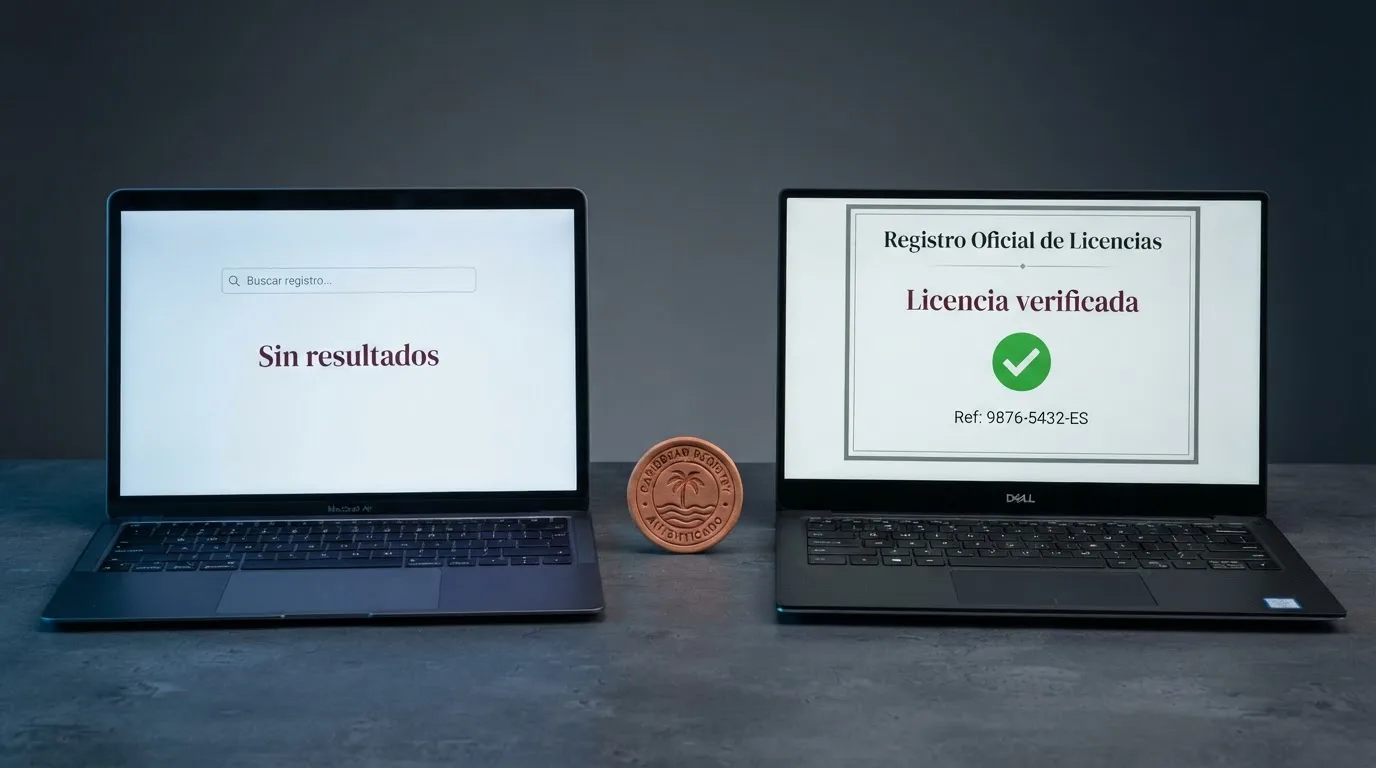 Pantalla dividida: a la izquierda, el registro público de la DGOJ con el mensaje «sin resultados»; a la derecha, el registro de la CGA de Curaçao con una licencia verificada