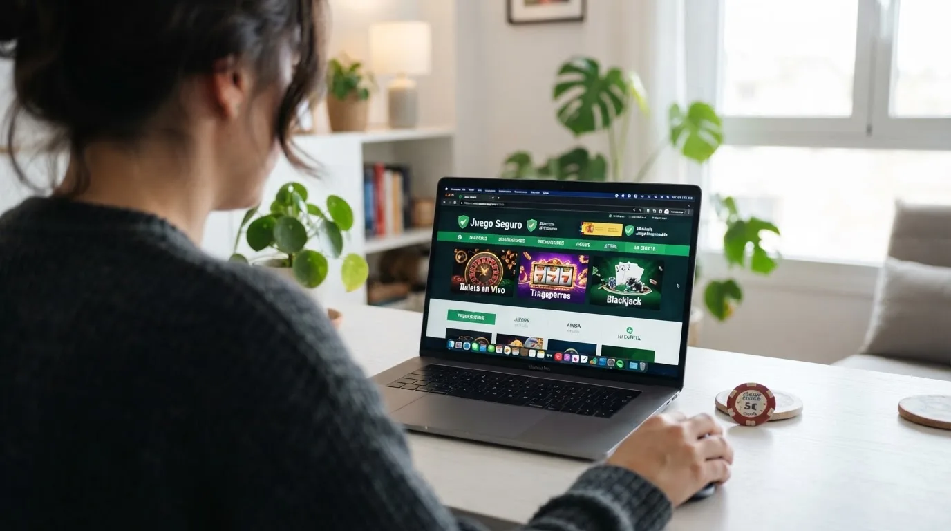 Sello oficial de la Dirección General de Ordenación del Juego junto al dominio .es de un casino online regulado, con el texto «Juego seguro» visible en la interfaz