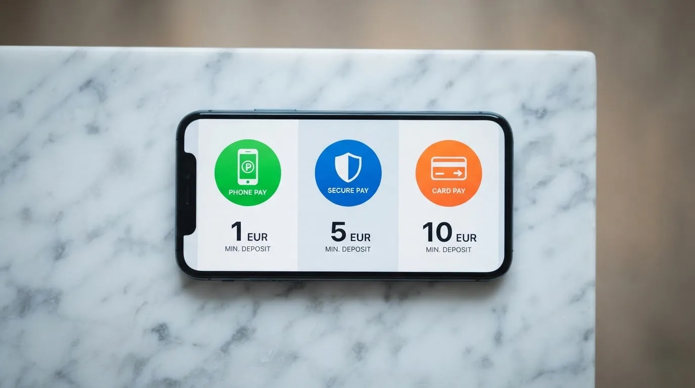 Un teléfono móvil con la pantalla dividida mostrando los logos de Bizum, PayPal y Paysafecard junto al importe mínimo de cada uno