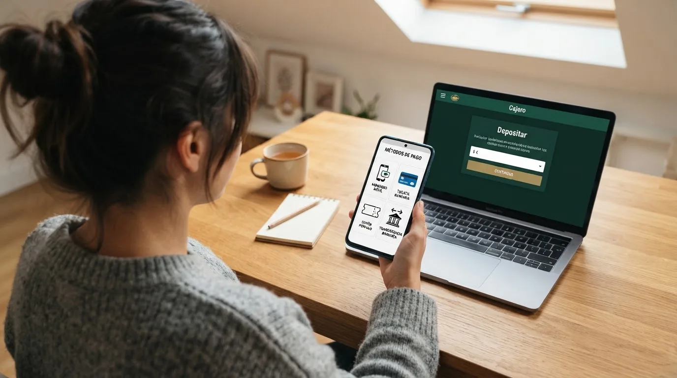 Una mano sosteniendo un teléfono con los iconos de Bizum, tarjeta bancaria, PayPal y Paysafecard junto a un ordenador portátil abierto en la página de cajero de un casino