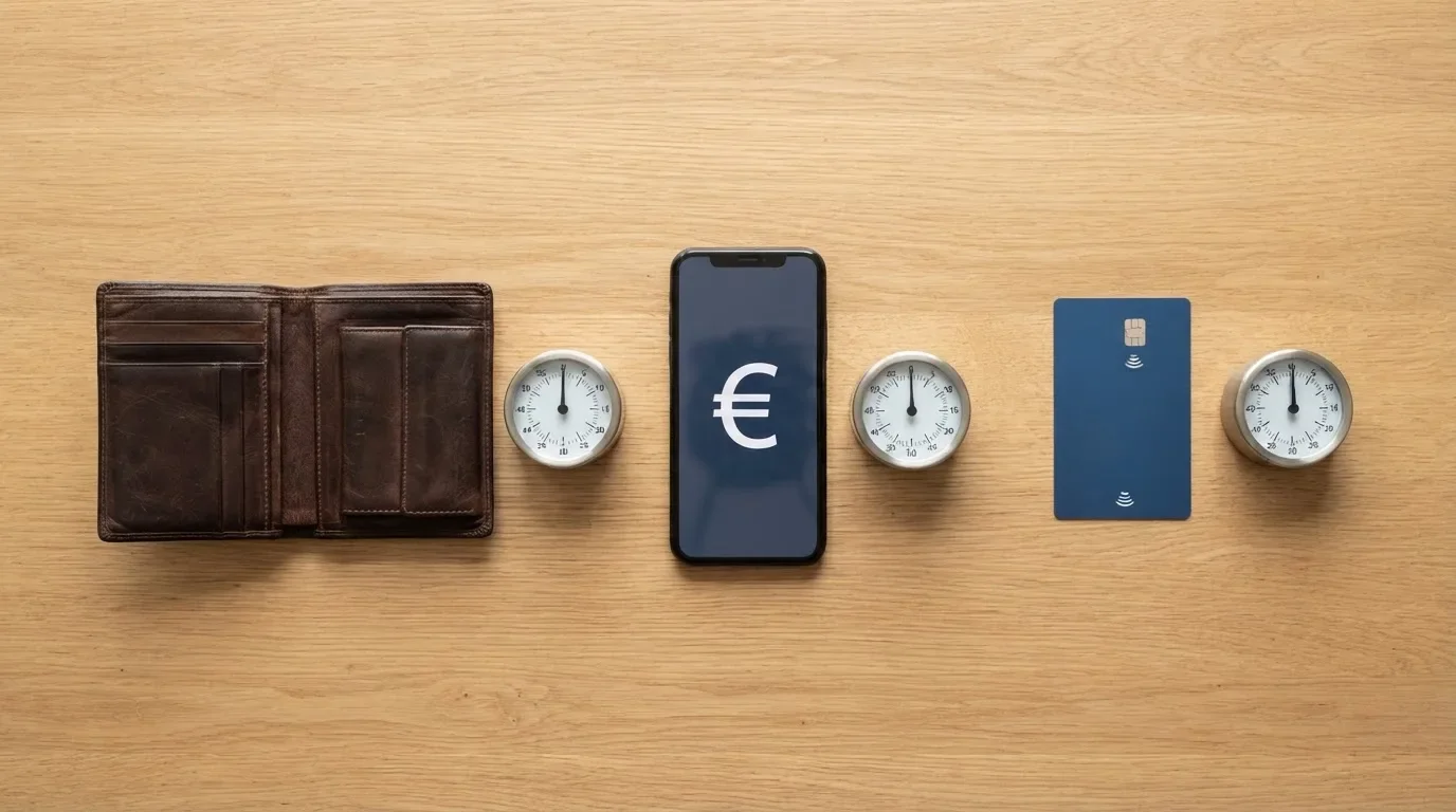 Una cartera, un móvil con el logo de Bizum y una tarjeta bancaria sobre una mesa, con un cronómetro que marca distintos tiempos junto a cada uno.