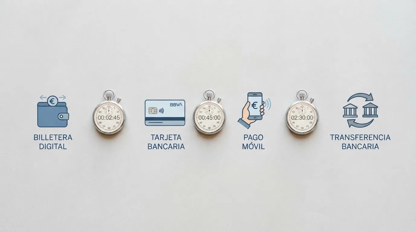 Comparativa visual de métodos de pago para retirada en casinos online españoles: monedero electrónico, tarjeta bancaria, Bizum y transferencia, con un cronómetro que marca distintos tiempos de espera junto a cada uno