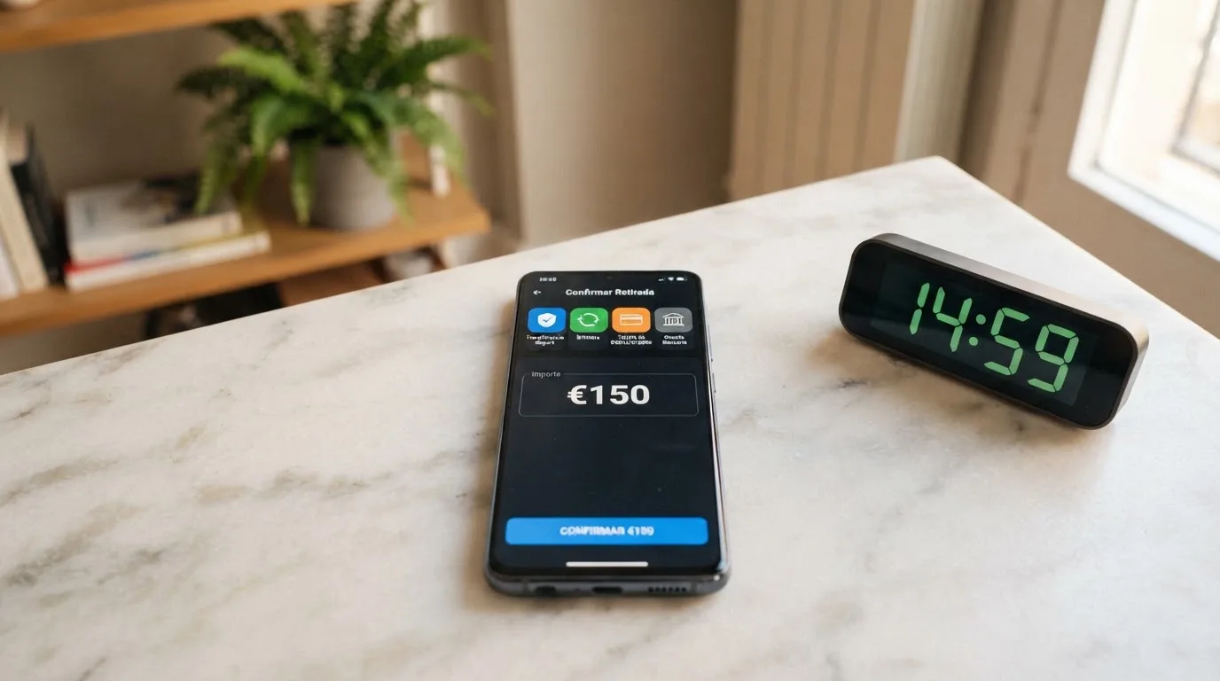 Teléfono móvil mostrando una pantalla de retiro en un casino online con varias opciones de método de pago (Trustly, PayPal, tarjeta bancaria, transferencia) y un cronómetro digital marcando 15 minutos