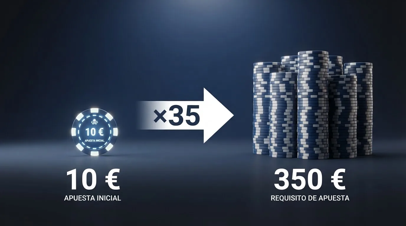Comparativa visual del importe de un bono de 10 euros frente al volumen total de apuestas exigido por el requisito de rollover