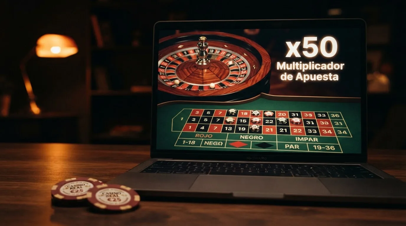Primer plano de una ruleta de casino online con fichas y el texto «rollover x50» visible en la interfaz de juego