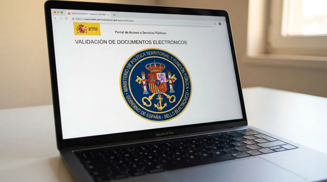 Primer plano del sello de la Dirección General de Ordenación del Juego sobre la pantalla de un ordenador portátil que muestra un casino online con dominio .es en la barra de navegación