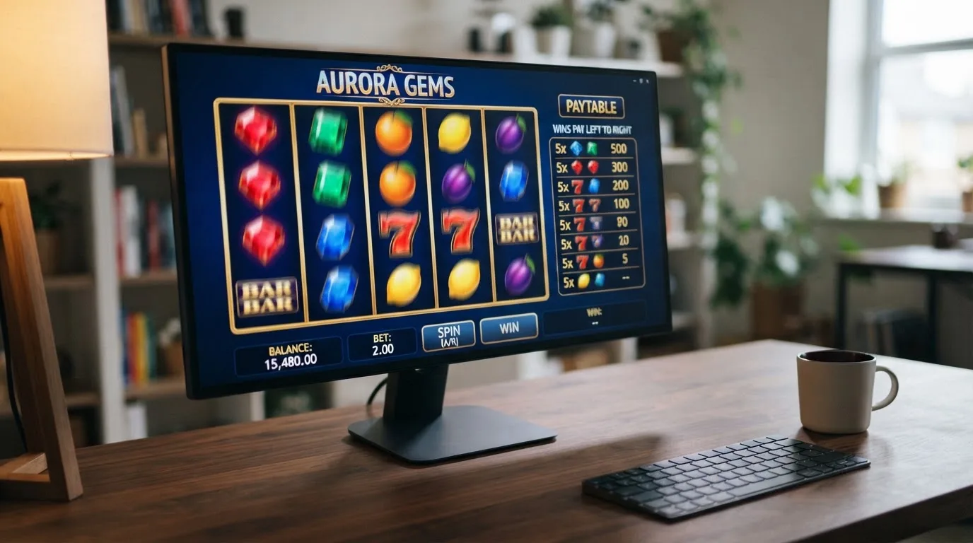 Una tragaperras online de un proveedor destacado con sus rodillos girando y la tabla de pagos visible