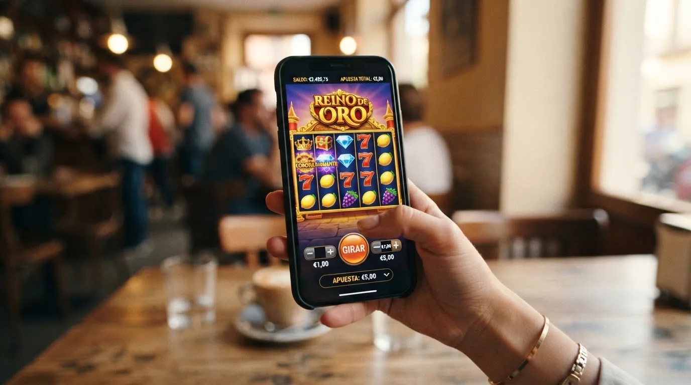 Mano sujetando un teléfono móvil en vertical con una tragaperras colorida de interfaz táctil nativa, botones de giro grandes y menú de apuesta desplegado en la parte inferior