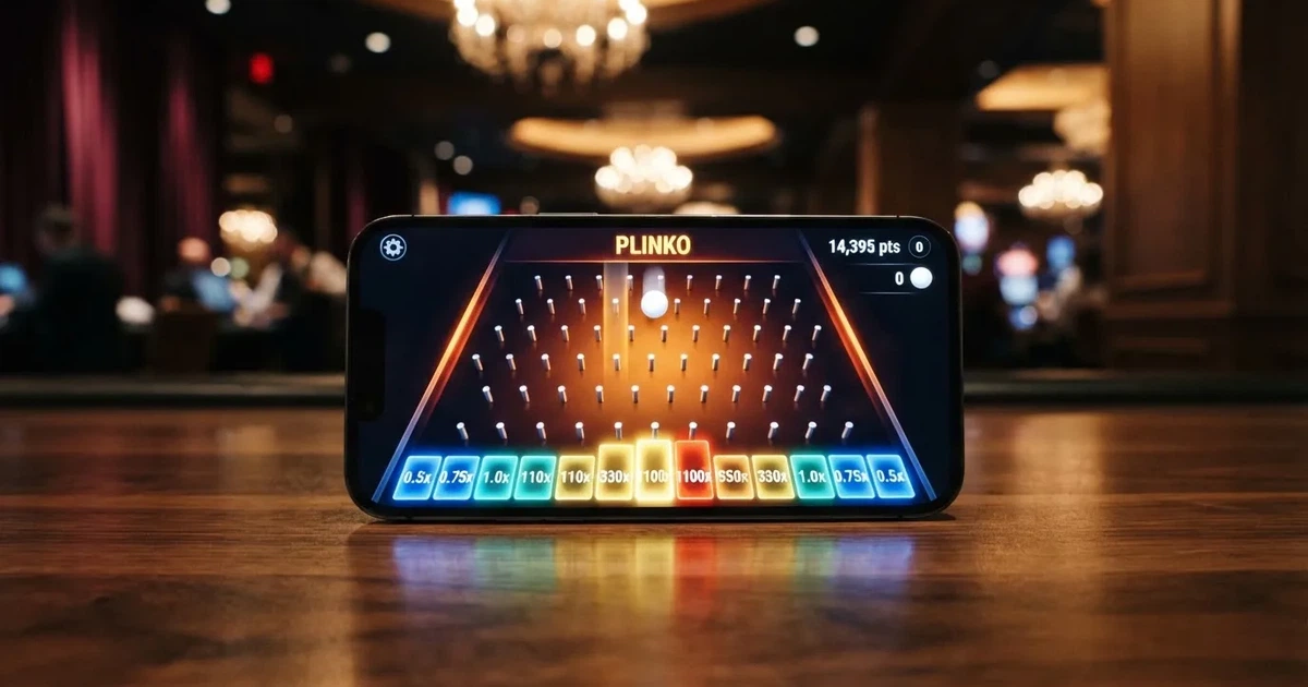 Tablero de Plinko con clavijas y casillas de multiplicador iluminadas en un casino online español
