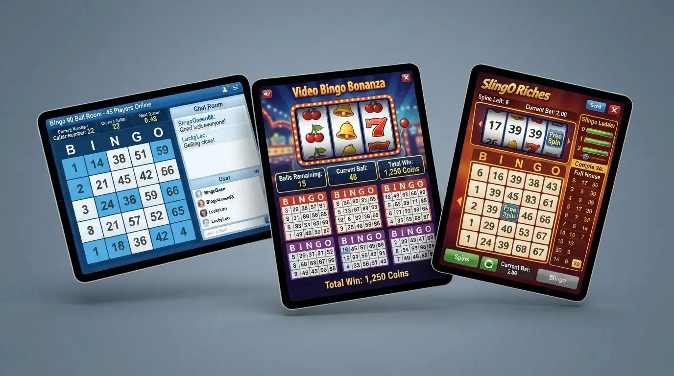Tres pantallas superpuestas que muestran una sala de bingo multijugador con chat, un video bingo de tipo tragaperras y una partida de Slingo